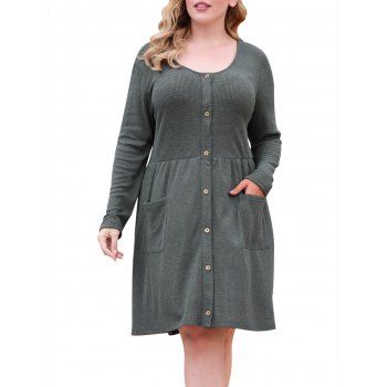 

Button Up Dual Pocket Textured Plus Size Dress, Gray