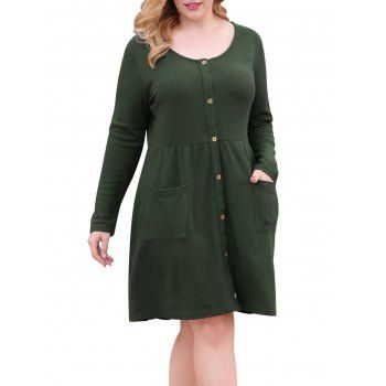 

Button Up Dual Pocket Textured Plus Size Dress, Deep green