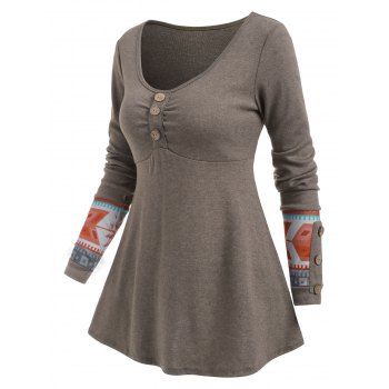 

Geo Mock Button Long Sleeve T-shirt, Light coffee