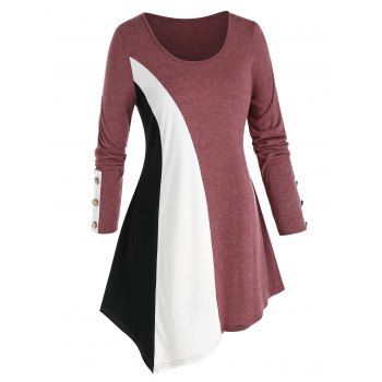 

Plus Size Colorblock Asymmetrical Tee, Red wine