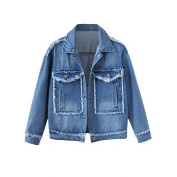 

Plus Size Frayed Patchwork Denim Jacket, Deep blue