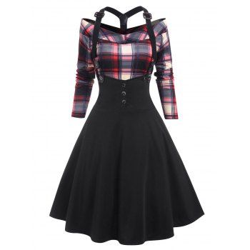 

Vintage Plaid Y Line Back Mock Button Suspender Skirt Set, Black