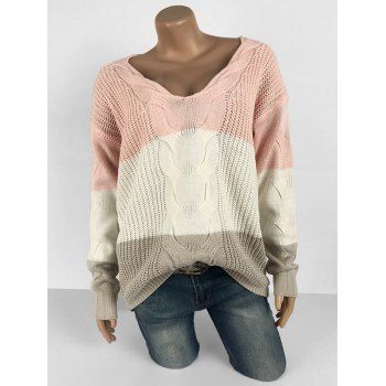 

Plus Size V Neck Colorblock Drop Shoulder Sweater, Light pink