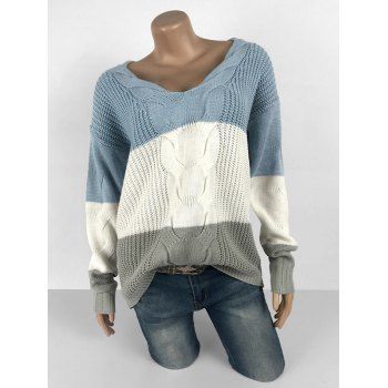 

Plus Size V Neck Colorblock Drop Shoulder Sweater, Light blue