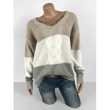 

Plus Size V Neck Colorblock Drop Shoulder Sweater, Light coffee