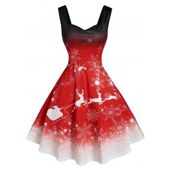 

Christmas Ombre Snowflake Elk Print Dress, Red