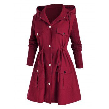 

Plus Size Hooded Drawstring Waist Flap Pocket A Line Coat, Red wine