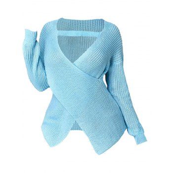 

Plus Size Plunging Neckline Crossover Sweater, Light blue