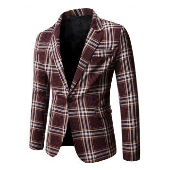

Plaid Print Single Button Blazer, Red wine
