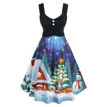 

Plus Size Christmas Tree Print Flare Dress, Black