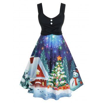 Plus Size Christmas Tree Print Flare Dress