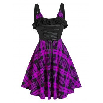 

Plaid Print Lace-up Sleeveless Cat Ear Dress, Purple iris