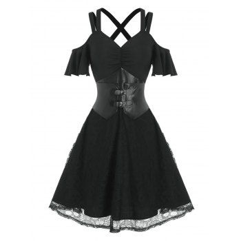 Image of Open Shoulder Dual Buckle Lace A Line Dress