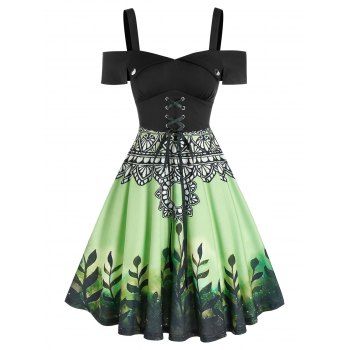 Leaf Print Corset Style Lace-up Cold Shoulder Dress