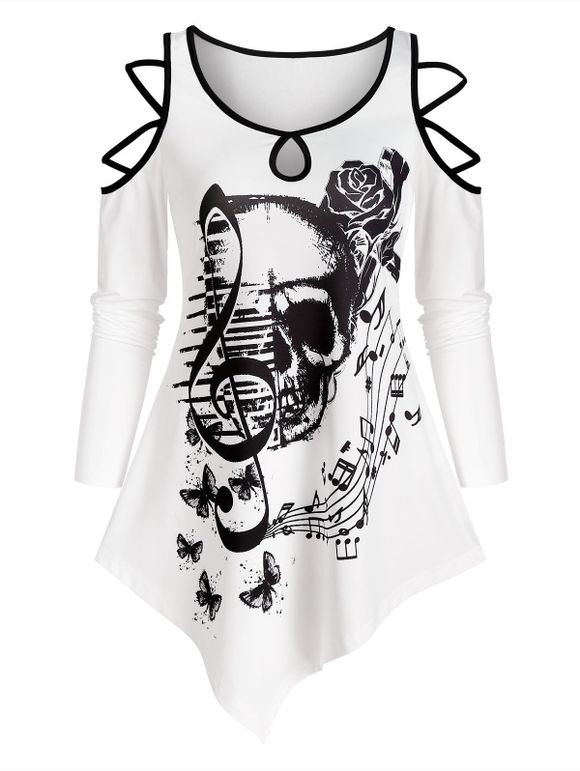 T-shirt Asymétrique Graphique Crâne et Musique avec Trou de Serrure - Blanc XL