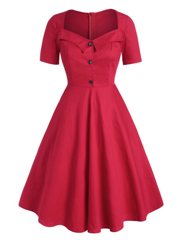 Robe Evasée Ajustée Vintage à Demi-Bouton de Grande Taille - Rouge XL