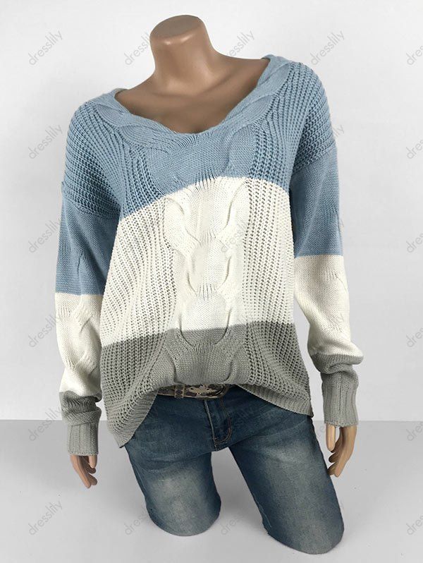 Plus Size V Neck Colorblock Drop Shoulder Sweater - LIGHT BLUE L
