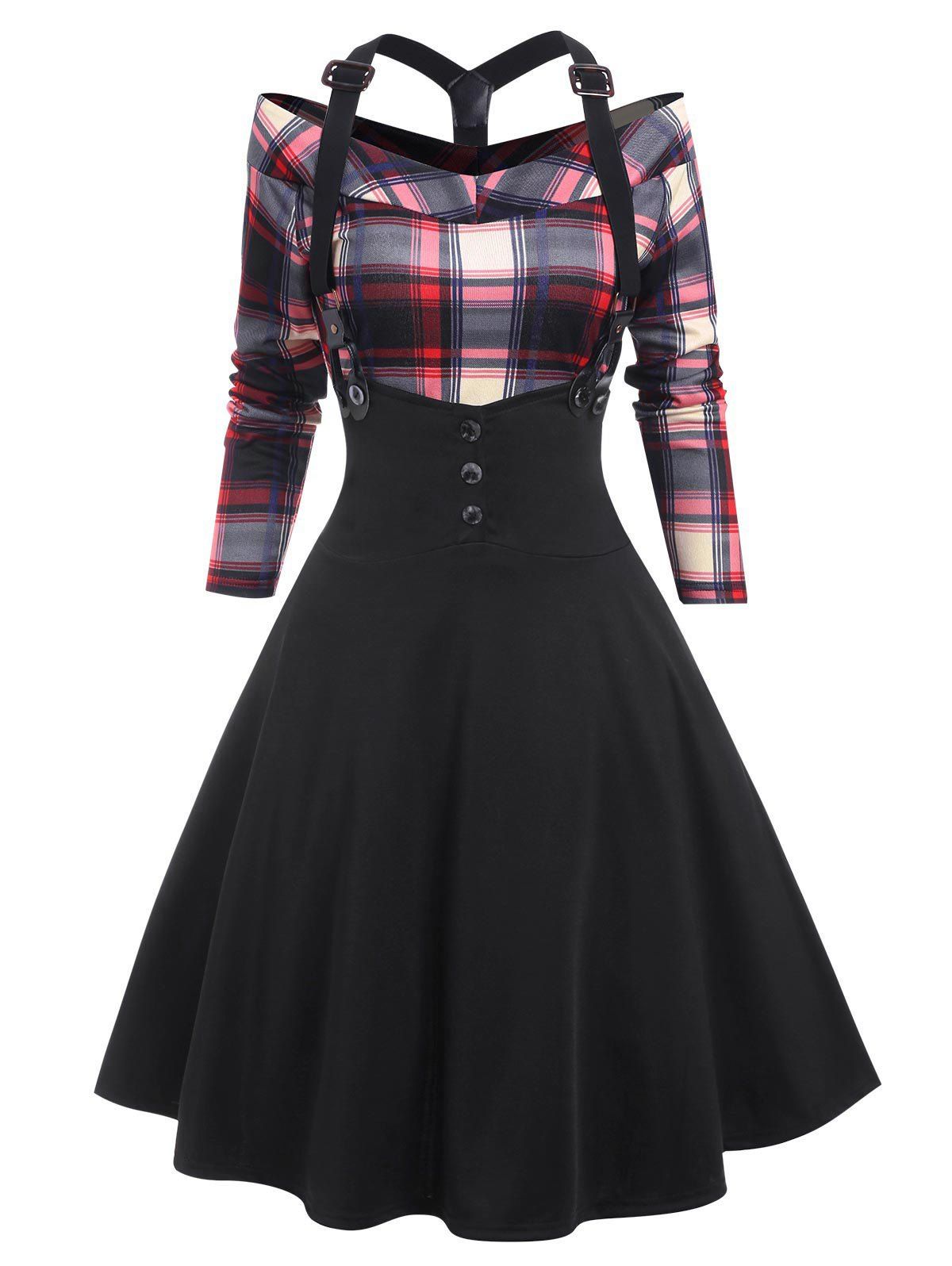 Vintage Plaid Y Line Back Mock Button Suspender Skirt Set - BLACK S