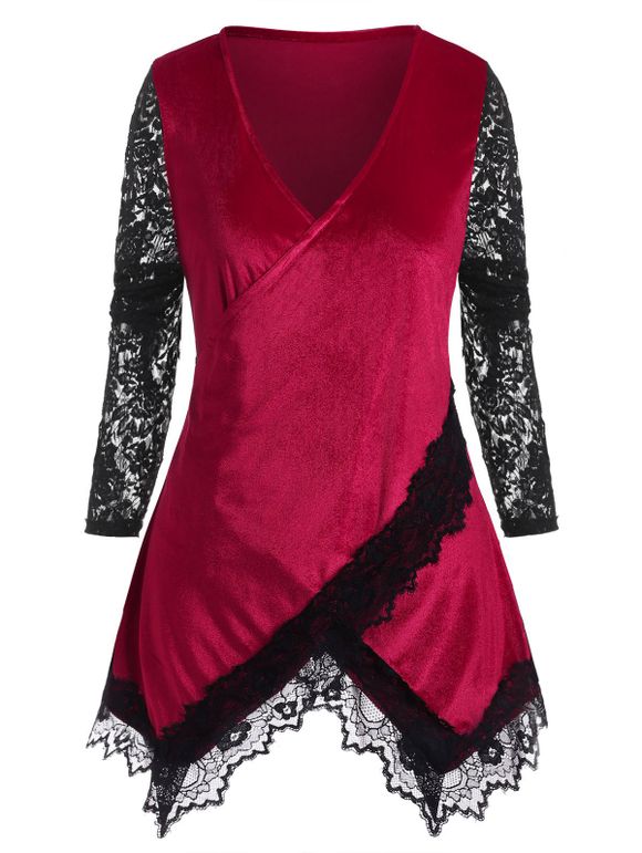 T-shirt Superposé en Dentelle Insérée de Grande Taille en Velours - Rouge foncé 5X