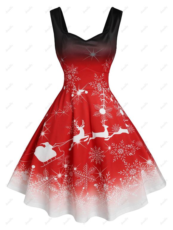 Robe de Noël Ombrée à Imprimé Flocon de Neige et Cerf - Rouge S