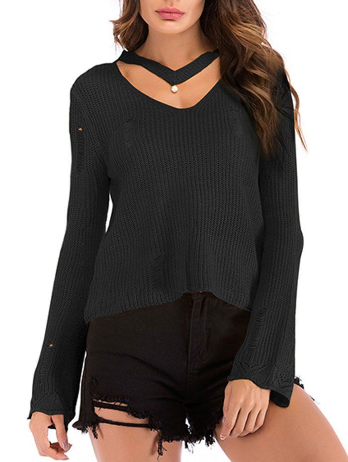 Beading Choker Ripped Bell Sleeve Sweater - BLACK L