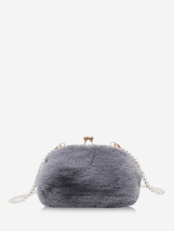 Sac à Main à Bandoulière Perlé en Peluche - Gris Clair 