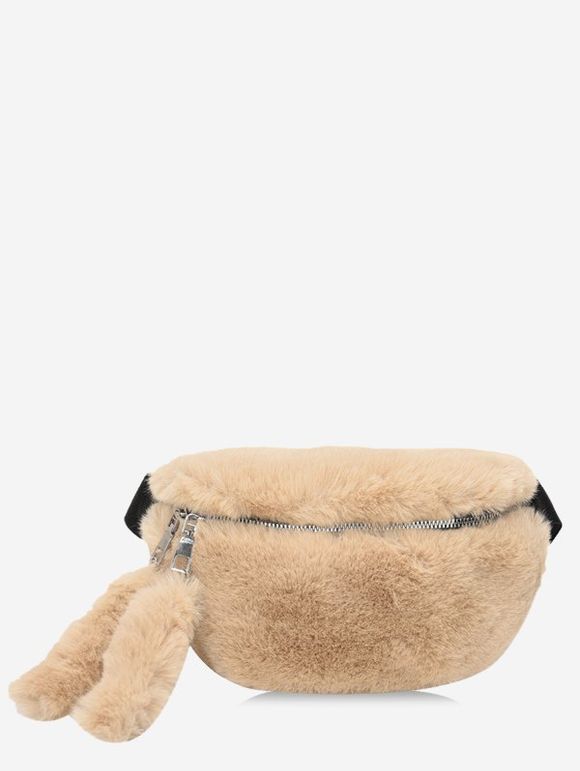 Sac à Bandoulière avec Pendentif en Fausse Fourrure de Couleur Unie - café lumière 