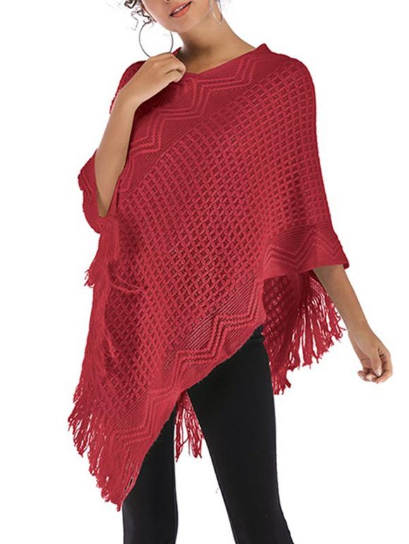 Pull Poncho Convertible à Frange - Rouge Vineux ONE SIZE
