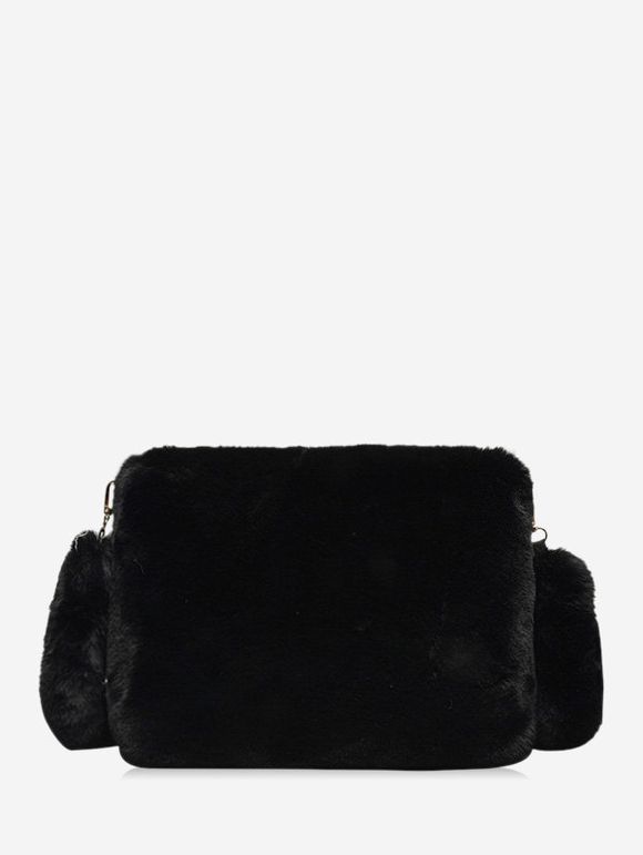 Sac à Bandoulière Rectangle en Couleur Unie en Fausse Fourrure - Noir 