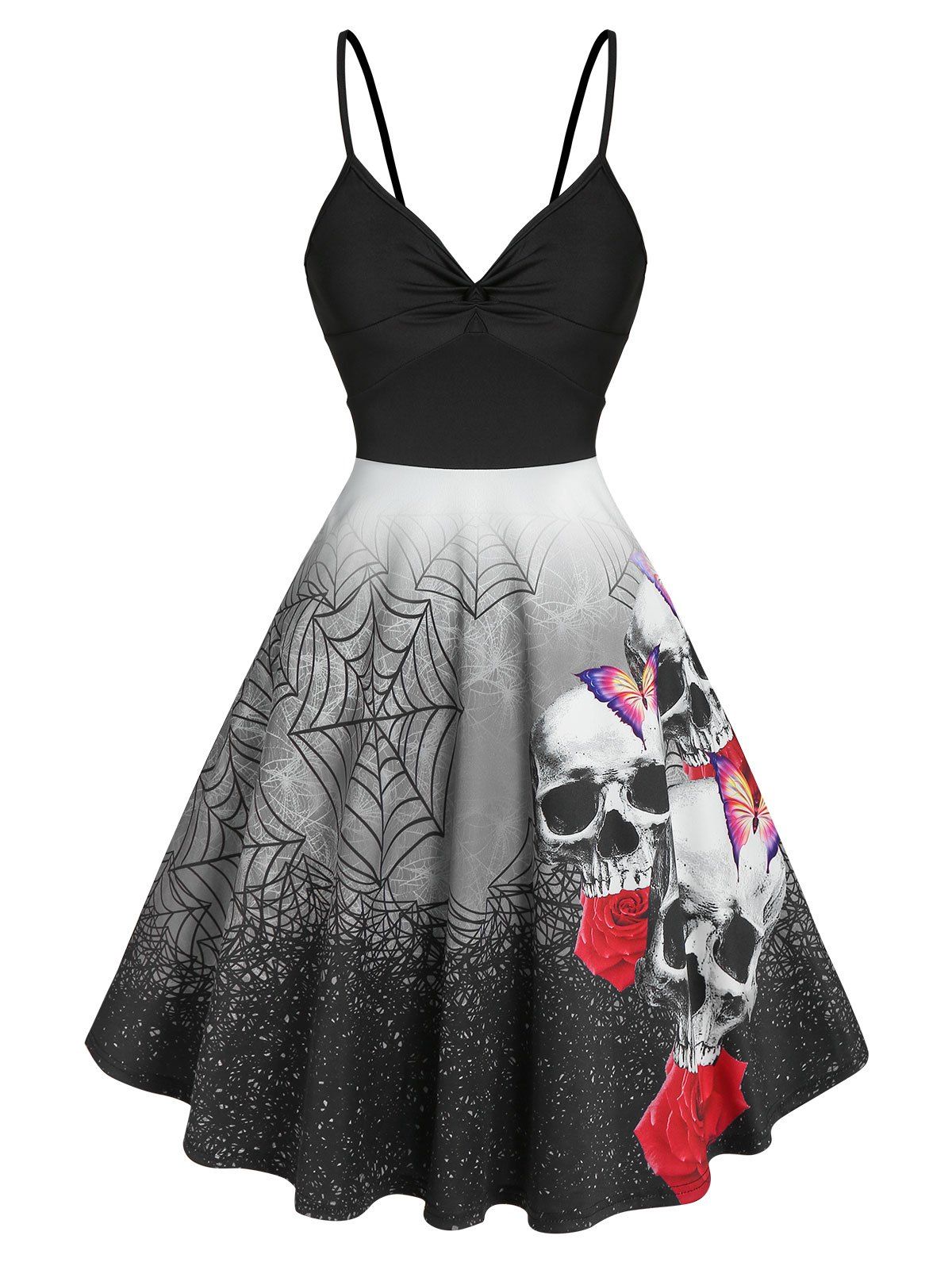 Halloween Ruched Spider Web Skull Print Flare Dress - BLACK M