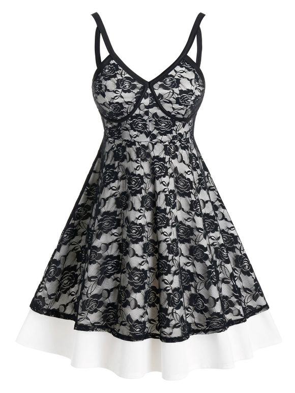 Robe Ligne A à Bretelle Fleur en Dentelle de Grande Taille - Noir 2X