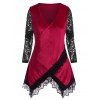 T-shirt Superposé en Dentelle Insérée de Grande Taille en Velours - Rouge foncé 5X