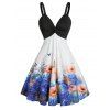 A Line Knee Length Vacation Dress Floral Butterfly Print Front Twist Empire Waist Plunging Neck Summer Dress - multicolor L