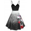 Halloween Ruched Spider Web Skull Print Flare Dress - BLACK M