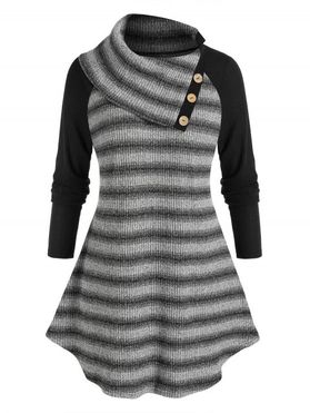 Plus Size Striped Raglan Sleeve Turndown Collar Tunic Sweater