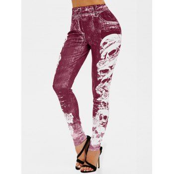 

3D Skull Print High Waisted Skinny Leggings, Red wine