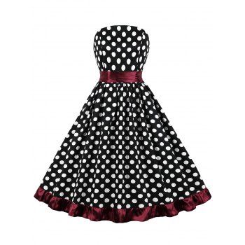 Image of Belted Polka Dot Strapless Party Dress