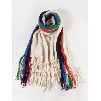 

Stripe Rainbow Color Fringe Knitted Scarf, Beige
