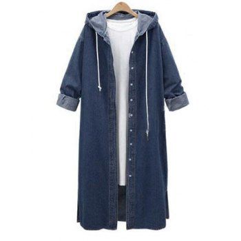 

Plus Size Hooded Drawstring Long Denim Jacket, Blue