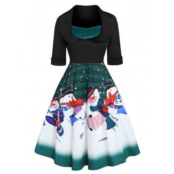 

Christmas Musical Notes Snowman Print Flare Dress, Deep green