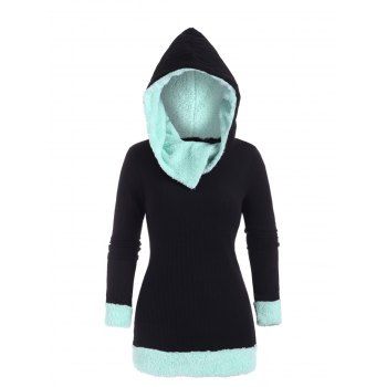 

Faux Fur Insert Ribbed Pullover Hoodie, Black