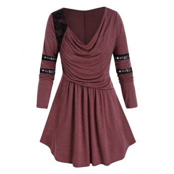 

Plus Size Lace Insert Ruched Draped Long Sleeve Tee, Deep red