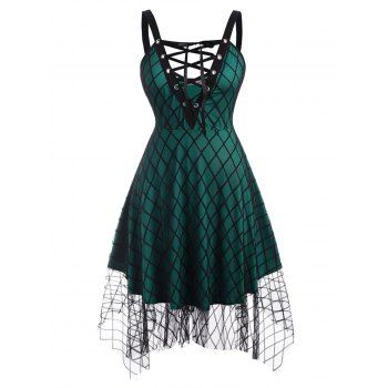

Lace Up Plaid Mesh Plus Size Dress, Green