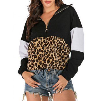 

Leopard Half Zip Drawstring Hem Hoodie, Black