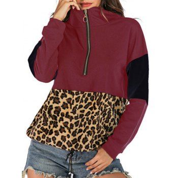 

Leopard Half Zip Drawstring Hem Hoodie, Red wine