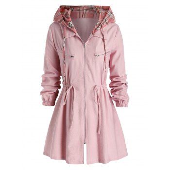 

Plus Size Checked Hooded Drawstring Zipper Coat, Pink