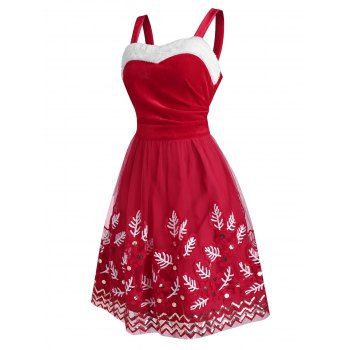 

Christmas Leaves Mesh Velvet Sequins Dress, Red