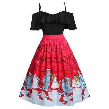 

Plus Size Christmas Santa Claus Musical Notes Flounce Dress, Red