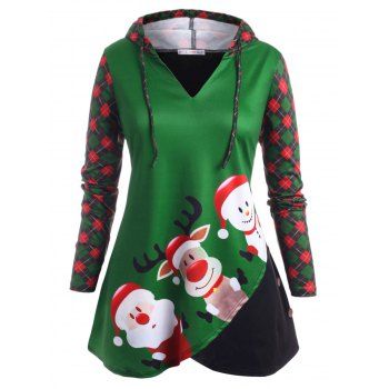 

Snowman Plaid Panel Drawstring Christmas Plus Size Hoodie, Green