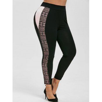 

Lace Panel Contrast Side High Waisted Plus Size Leggings, Black
